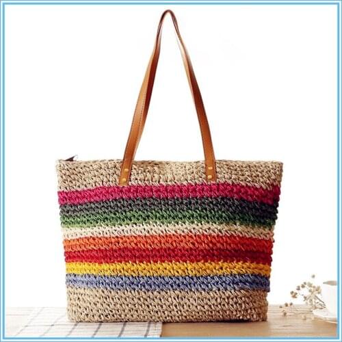 Girls new holiday beach totes patchwork woven bag round one-shoulder handbags girl versatile leisure straw woven bag tote SMT232