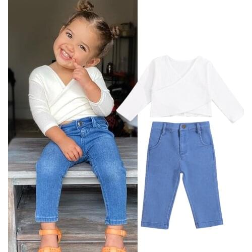 FOCUSNORM 2 Colors Fashion Kids Girls Autumn Clothes Sets 1-6Y Solid Knitting Long Sleeve V Neck Sweater Tops Solid Denim Pants