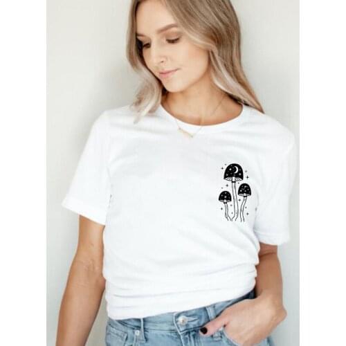 Celestial Mushrooms Pocket Print T-shirt Aesthetic Women Cottagecore Vegan Top Tee Shirt Vintage Botanical Gardening Tshirt