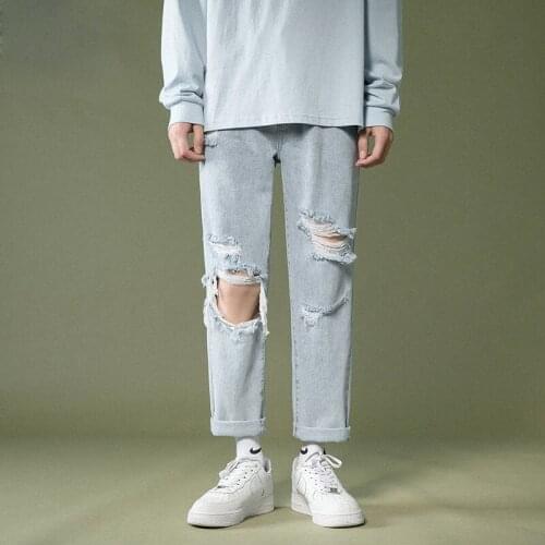 Fashion Hi-street Mens Hip Hop Skinny Fit Vintage Washed Denim Pants Distressed Ripped Jeans With Holes For Male