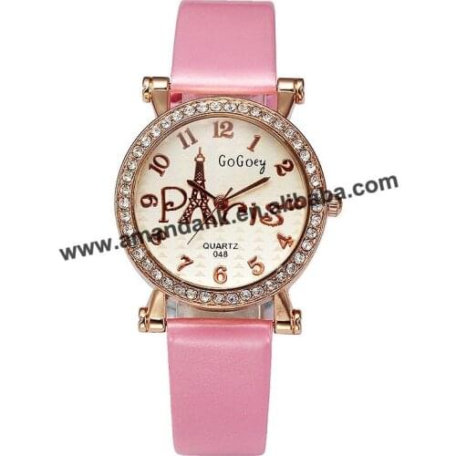 New Hot New Gogoey Paris Tower Leather Watch Women Ladies Crystal Dress Quartz Wristwatch