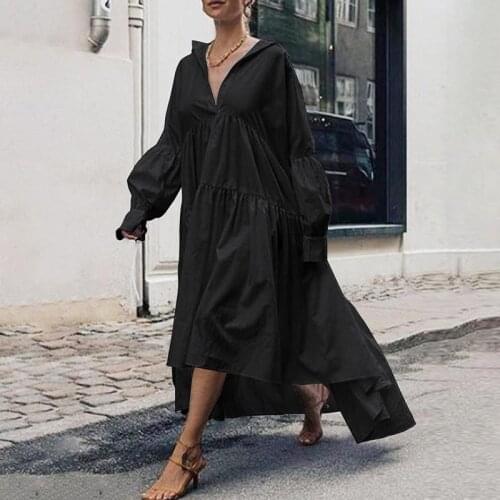 Solid Women Dress Long Navy Blue Deep V Neck Plus Size High Low Spring Fashion Black Full Sleeve Streetwear Loose Casual Dresses
