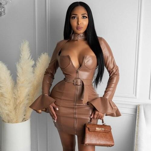 Autumn Faux Leather Bodycon Dress Women Zipper Square Collar Flare Sleeve Sexy Dress with Belt Female Low-cut Club Bandage Dress