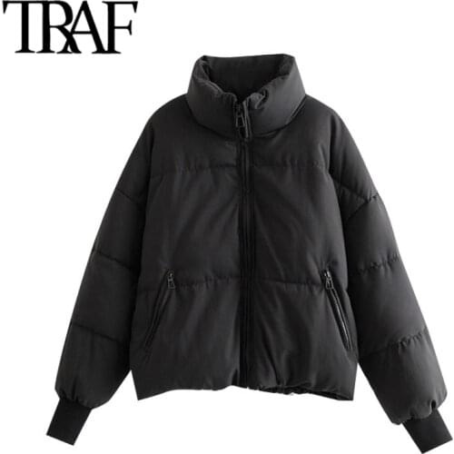 TRAF Women Fashion Oversized Thick Warm Parkas Coat Vintage Long Sleeve Pockets Drawstring Female Outerwear Chic Tops