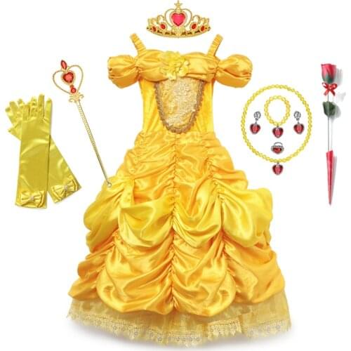Cosplay Belle Princess Dress Girls Dresses for Beauty and the Beast Kids Party Clothing Magic Stick Crown Gloves Children Costum