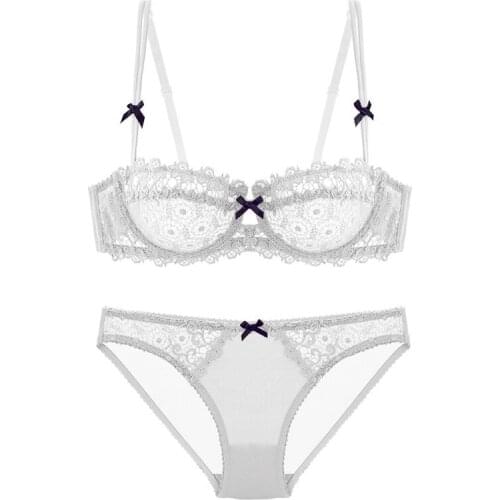 Factory Direct Sales European and American Ultra-Thin Translucent Half Cup Lace Bra Sexy Seduction Push up Bra Set 9166