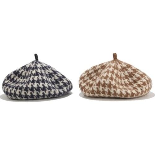 LVYI008 Advanced Wool Beret Cap Plaid Print Soft Warm Hat Beret Cap England Girl Artiist Pumpkin Hat