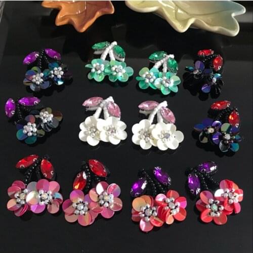Hot sell hand-stitched beaded flower cherry patch cloth bag shoes hat DIY accessories decorative sequin patch applique