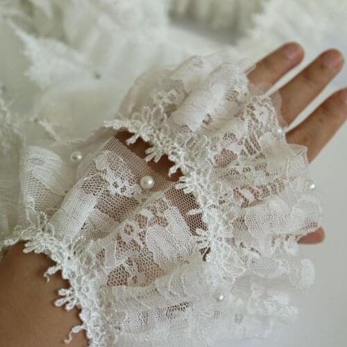 1yard embroidery pearl flower mesh lace trims for Clothes Gold thread lace trimmings and ribbons for dress DIY craft accessories