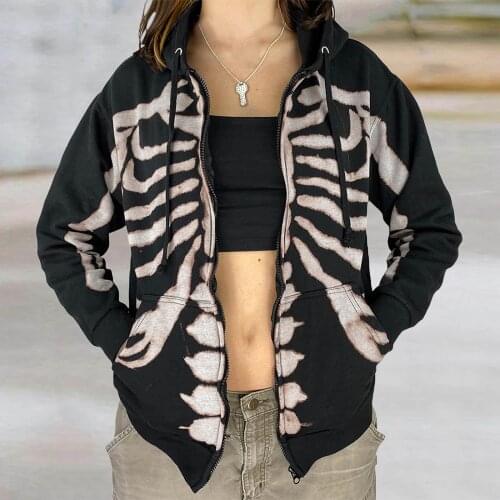 Y2K Skull Bones Gothic Hoodies E-girl Autumn Winter Coat Jacket Women Long Sleeve Zip Up Sweatshirt Vintage Harajuku Streetwear