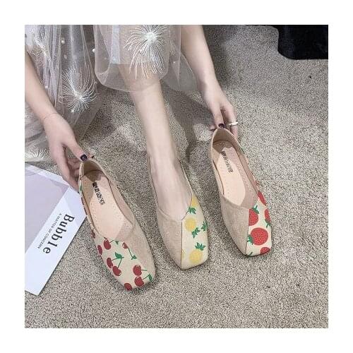 2020 spring and autumn new fashion fruit pineapple strawberry stitching square head shallow mouth soft sole shoes womens shoes