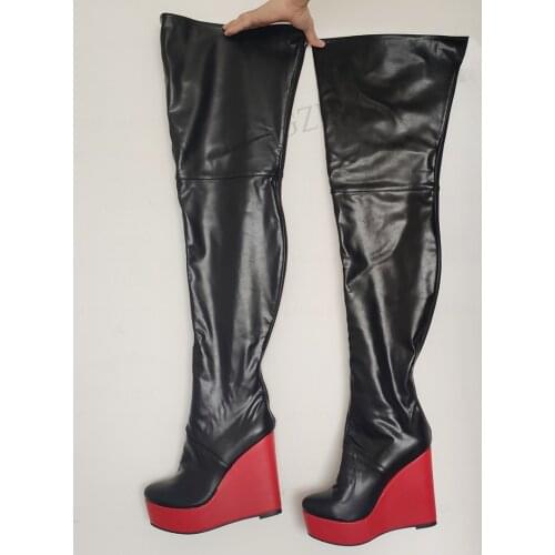 LAIGZEM Women Over Knee High Boots Back Full Zip Platform Wedges Patchwork Faux Leather Ladies Shoes Woman Big Size 41 46 50 52