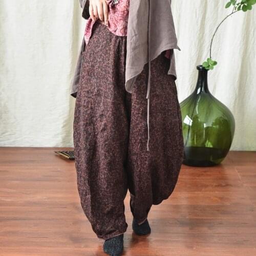 Johnature Women Vintage Linen Wide Leg Pants Print Floral Elastic Waist Pockets Trouser 2021 Autumn Original Loose Long Pants
