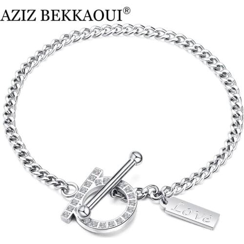 AZIZ BEKKAOUI Rose Gold / Silver Color LOVE Charms Bracelet for Women Stainless Steel Bracelet with Crystal Romantic Bracelets