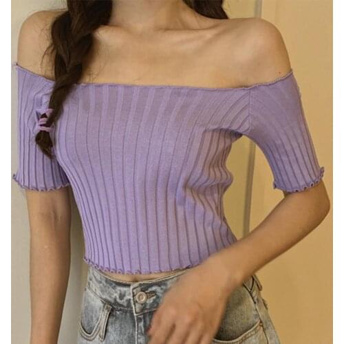 Women Solid Color Off Shoulder Short Sleeve Slim Crop Top Knitted T-shirt Blouse Sexy Crop Top Women Summer Woman Top