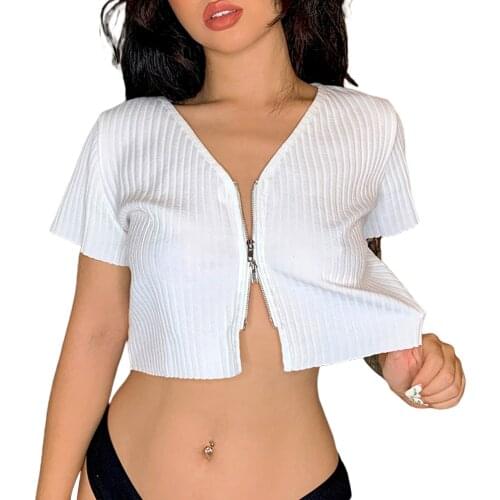 Womens Casual Short Sleeve Cardigan Fashion Solid Color Zipper Exposed Navel T-shirt