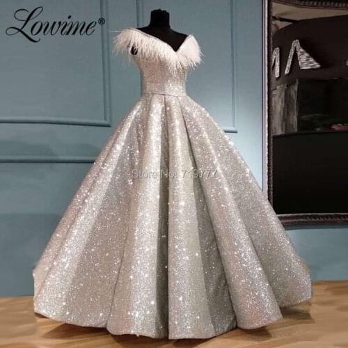 Siver Prom Dresses Short Sleeves Sparkly Glitter Party Dress Custom Made Dubai Design Arabic Muslim Evening Gowns Robe De Soiree