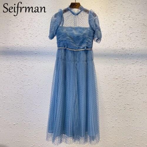 Seifrmann New 2021 Summer Women Fashion Runway Mesh Long Dress Half Sleeve Draped High Waist Blue Print Ladies A-Line Dresses