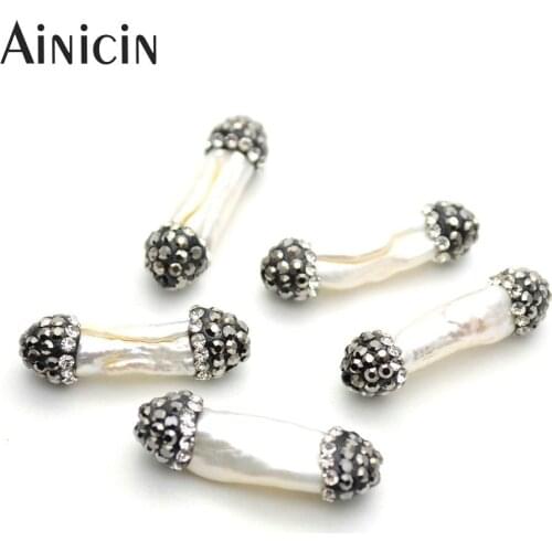10pcs Natural Freshwater Pearl Elongated Dumbbell Shape Loose Beads Black Rhinestone Crystal Paved Findings