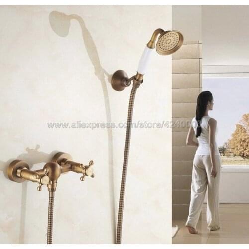 Antique Brass Bathroom Faucet Bath Faucet Mixer Tap Wall Mounted Hand Held Shower Head Kit Shower Faucet Sets Ktf300