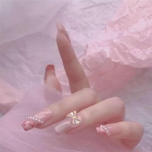 Pure color with pink leopard cartoon pattern and pearl and butterfly bow 3d decorated fake nails lady full nail tips with glue