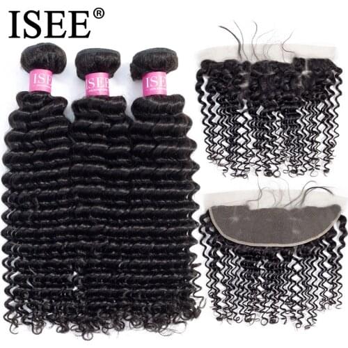ISEE HAIR Human Hair Bundles With Closure 13*4 Pre Plucked Lace Frontal Closure Remy Malaysian Deep Wave Bundles With Frontal