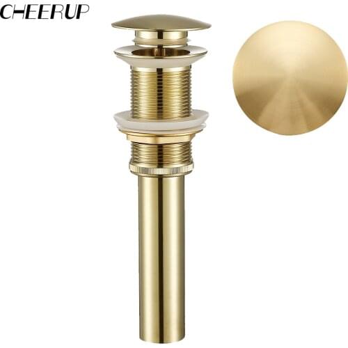 Brass Pop-Up Drain With/Without Overflow Hole Drain Bathroom Basin Push Down Waste Drainer Plug Bathtub Round, Brushed Gold
