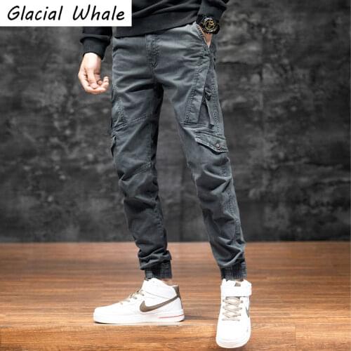 GlacialWhale Mens Cargo Pants Men Fashion 2021 New Side Pockets Hip Hop Joggers Male Japanese Streetwear Trousers Blue Pants Men