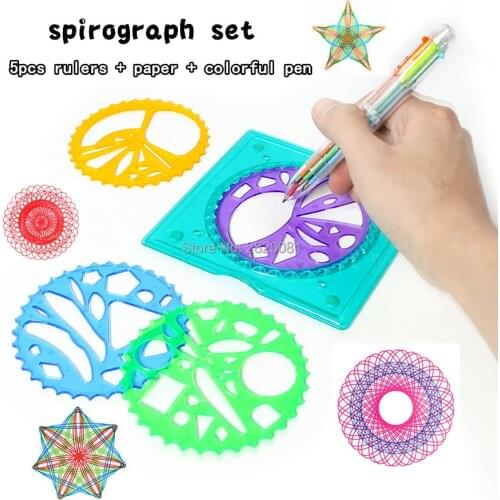 5pcs Designs Interlocking Gears&Wheels with colorful pen set Spirograph deluxe set Drawing rulers Spiral drawing toy for kid