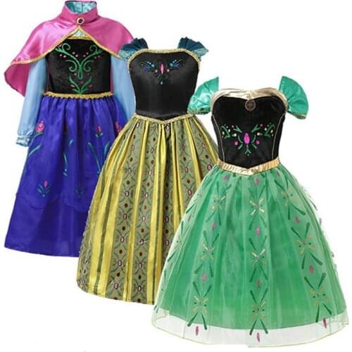 Elsa Anna Dress for Baby Girls Green Dress Cosplay Kids Clothes Floral Anna Party Embroidery Shoulderless Queen Elsa Costume