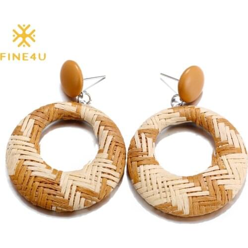 FINE4U E291 Woven Rattan Earrings Handmade Wicker Earrings Straw Knit Lightweight Bohemia Dangle Hoop Earring Ethnic Jewelry