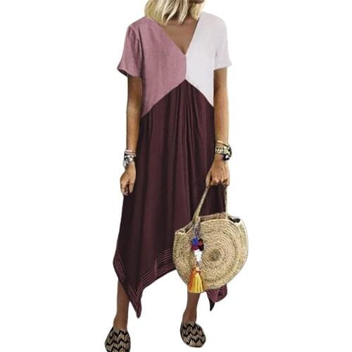 Casual Women Dresses Short Sleeve V Neck Geometric Patchwork Irregular Hem Midi Dress Womens Clothing 2021 Summer party