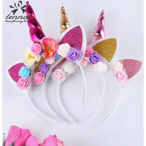2018 New Brand Cute Kids Women Sweet Flower Unicorn Horn Hair Band Headband Birthday Party Flower Floral Headwear Crown