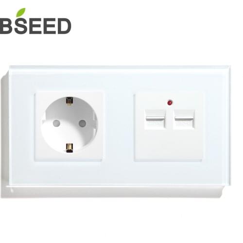 BSEED Double USB Plug With Single EU Wall Socket Europe Standard Sockets Crystal Glass Panel White Black Gold Home Improvement