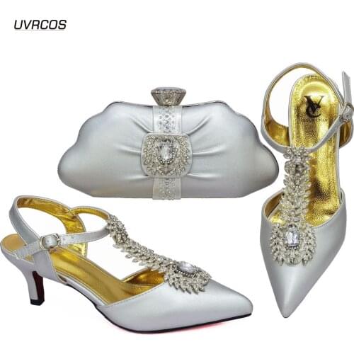 Silver Fashion Design African Women Shoes And Bag Sets With Rhinestones Pumps Italian Shoes With Matching Bags For Evening Party