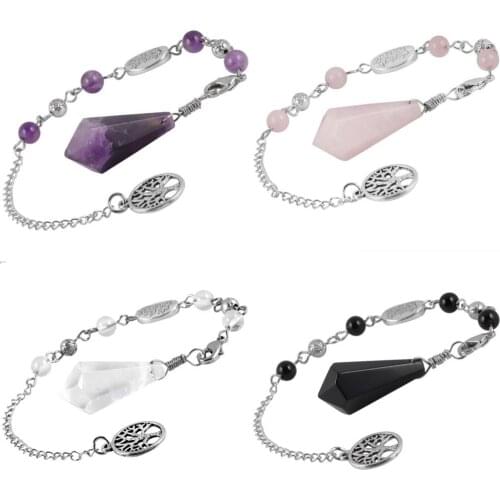 SUNYIK Natural Stone Hexagonal Pendulum Chain for Dowsing Divitation,Reiki Crystal Pendant Healing Tree of Life Ornament Jewelry