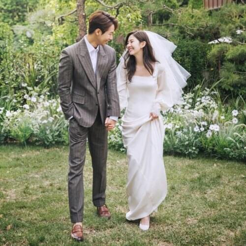 Spring Long Wedding Dress Elegant Square Neck Full Sleeves Little A Modest Garden Bridal Gown TT333