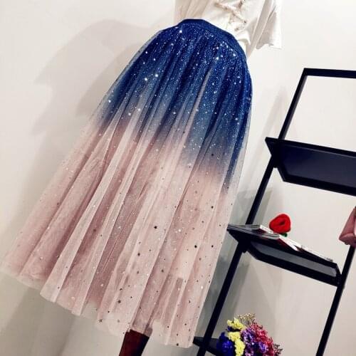 Spring Stars Sequined Gradient Puff Ankle Long Tulle Skirts Metallic Galaxy Starry A-line Pleated Maxi Long Mesh Skirts