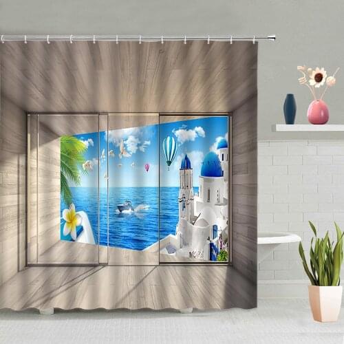 Natural Scenery Shower Curtain Sunshine Forest Castle Beach Hot Air Balloon Blue Waves Seagull 3D Pattern Waterproof With Hooks