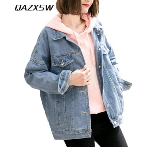 QAZXSW Spring Autumn Women Denim Jacket 2019 Vintage Jeans Coats Women Harajuku Streetwear Bomber Jacket Casaco Feminino HB540