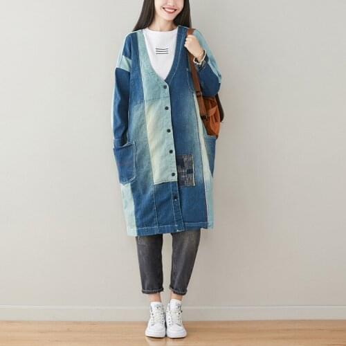 Female new autumn and spring plus size cardigan personality retro asymmetric O- neck outerwear long sleeve loose denim trench
