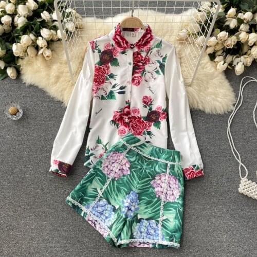 2021 Spring Summer Women Long Sleeve Floral Print Off Shoulder Shirts + Short Pants Two Piece Set Female Suits Outfit