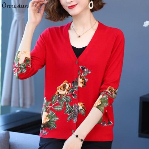 Floral Print Female Cardigan Autumn Spring Knitted Sweater Women Korean Fashion Long Sleeve Top Plus Size Soft Cardigans Women