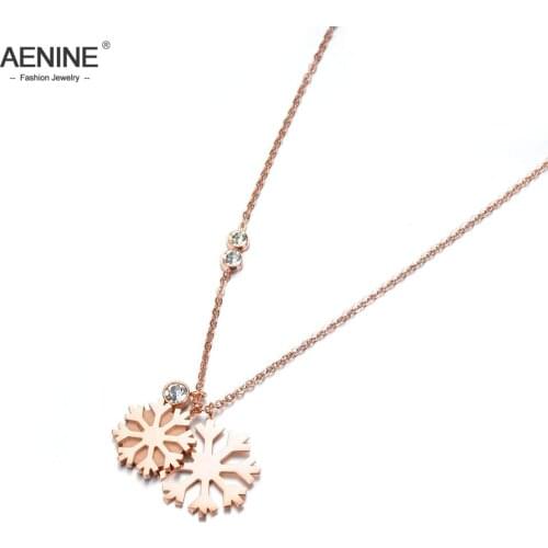 AENINE Trendy Double Snowflakes & CZ Crystal Pendant Necklaces Jewelry Stainless Steel Chokers Necklace For Women Girls AN18008