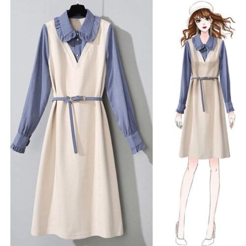 Spring New Women Fake Two Piece Long Sleeve Peter Pan Collar Elegant Slim Dresses 2021 Autumn Casual Vestidos