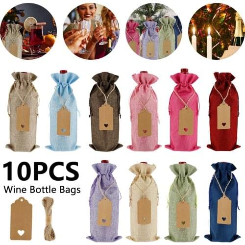 10 Set Wine Bag Champagne Bottle Wrapping Drawstring Party Table Decor with Paper Label