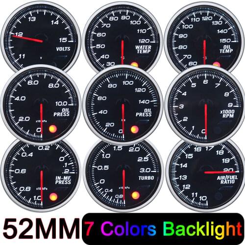 2" 52mm 7 Colors Fuel Press Oil Press Boost Gauge BAR PSI EGT EXT Water Temp Oil Temp Air Fuel Ratio Gauge Voltmeter Tachometer