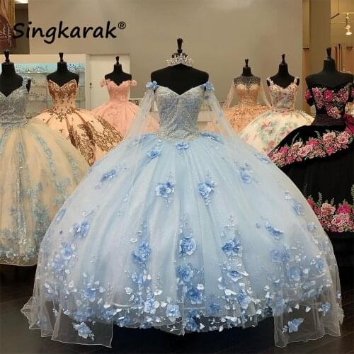 2021 New Arriva Luxury Sky Blue Ball Gown Quinceanera Dresses 3D Flowers Beads Sweetheart Lace Sweet 16 Dress Party Wear Xv Años