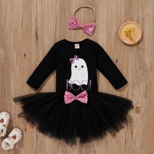 3Pcs Baby Girls New Halloween Clothes Sets Cartoon Letter Print Long Sleeve Romper Sequined Bow Lace Skirt Headband for 0-24M