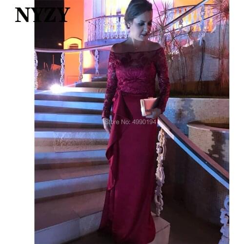 NYZY M296 Elegant Lace Off the Shoulder Long Sleeves Mother of the Bride Dresses 2020 Satin Dress Party Formal Evening Gown